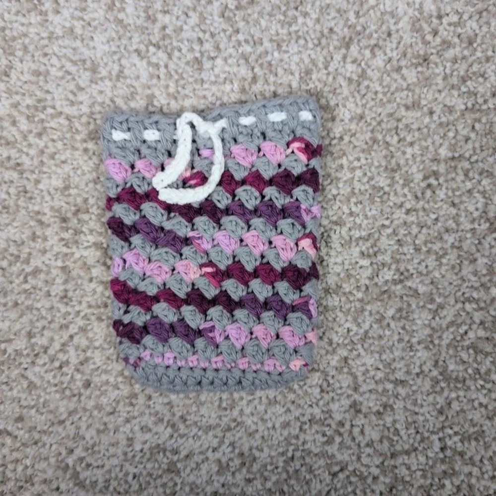 Handmade Crochet Soap Pouch Holder Bag with Drawstring Purple Pink Gray